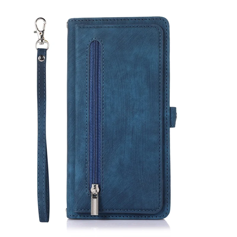 For Samsung Galaxy A15 5G Case Zipper Pocket 9 Card Slots PU Leather Phone Cover with Wrist Strap - Blue