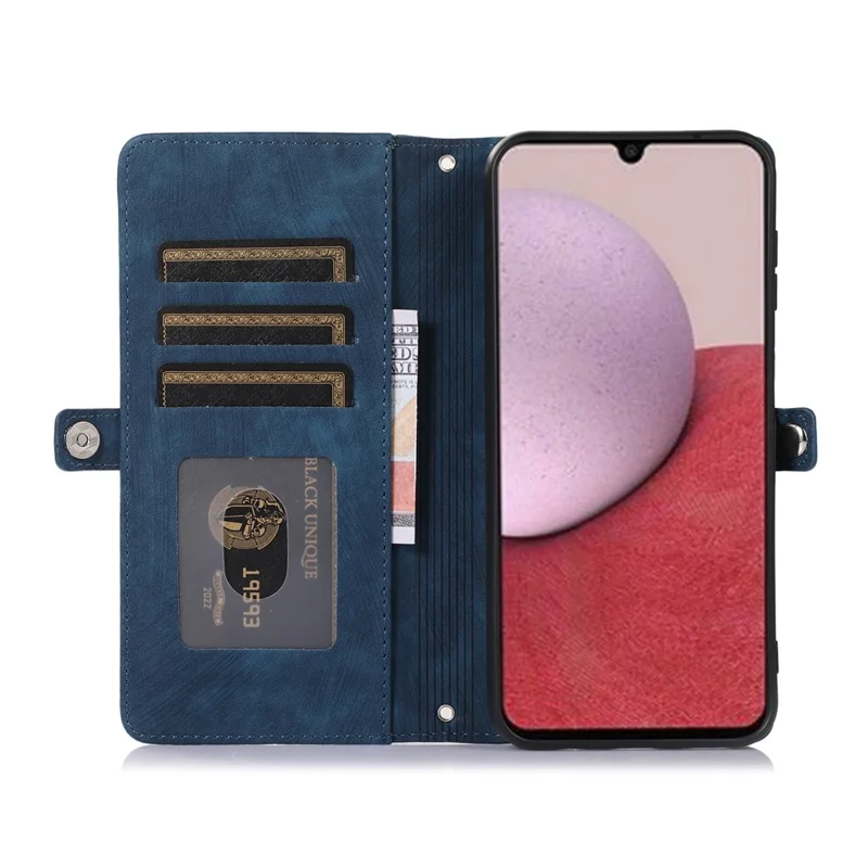 For Samsung Galaxy A15 5G Case Zipper Pocket 9 Card Slots PU Leather Phone Cover with Wrist Strap - Blue