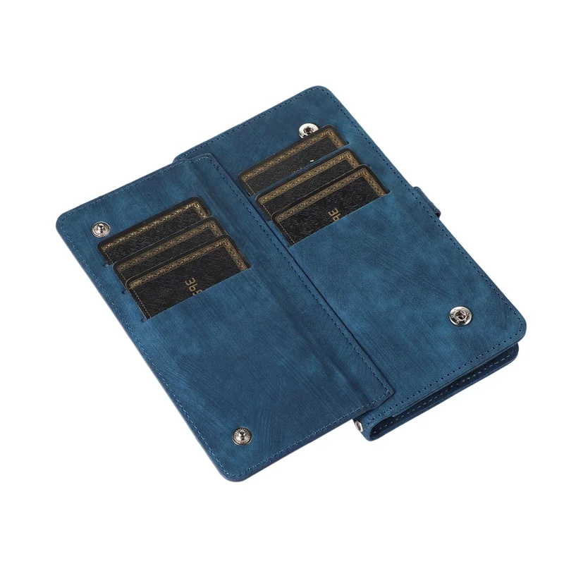 For Samsung Galaxy A15 5G Case Zipper Pocket 9 Card Slots PU Leather Phone Cover with Wrist Strap - Blue