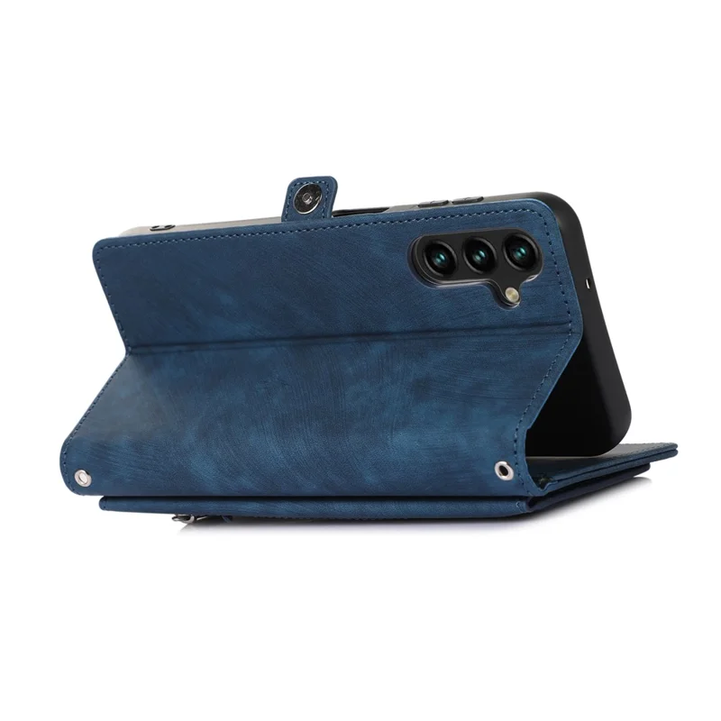 For Samsung Galaxy A15 5G Case Zipper Pocket 9 Card Slots PU Leather Phone Cover with Wrist Strap - Blue
