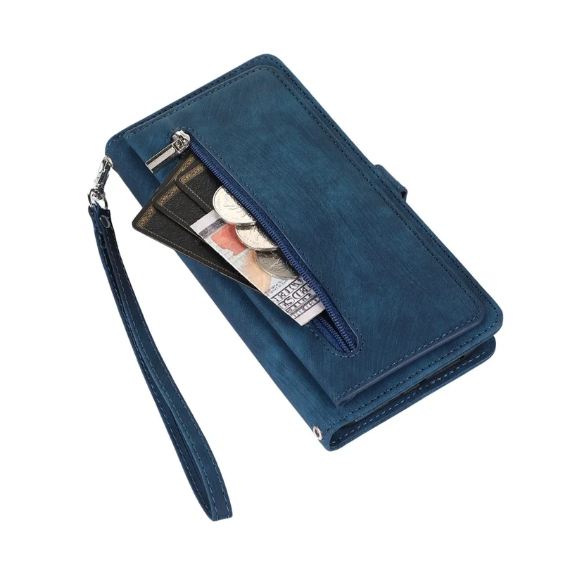 For Samsung Galaxy A15 5G Case Zipper Pocket 9 Card Slots PU Leather Phone Cover with Wrist Strap - Blue