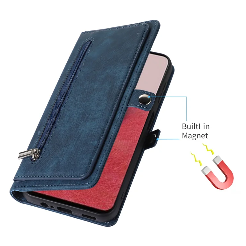 For Samsung Galaxy A15 5G Case Zipper Pocket 9 Card Slots PU Leather Phone Cover with Wrist Strap - Blue