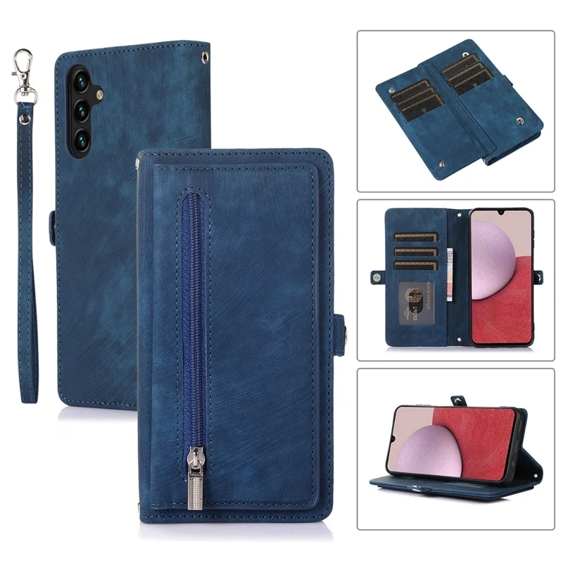 For Samsung Galaxy A15 5G Case Zipper Pocket 9 Card Slots PU Leather Phone Cover with Wrist Strap - Blue