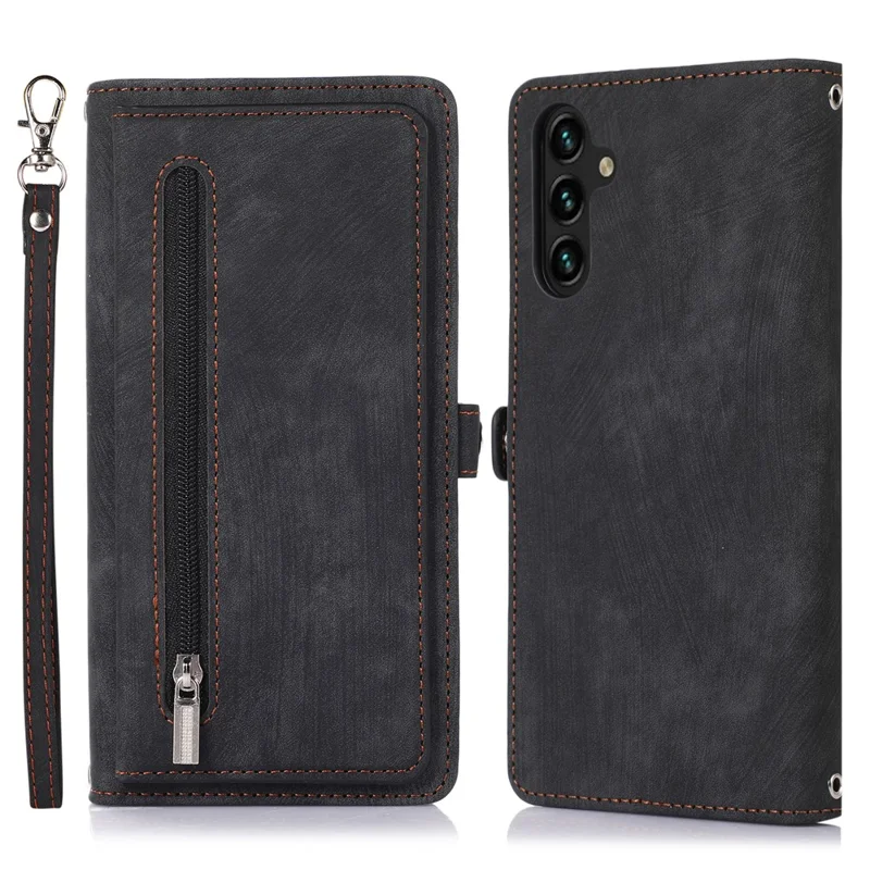 For Samsung Galaxy A15 5G Case Zipper Pocket 9 Card Slots PU Leather Phone Cover with Wrist Strap - Black