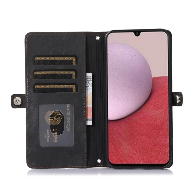 For Samsung Galaxy A15 5G Case Zipper Pocket 9 Card Slots PU Leather Phone Cover with Wrist Strap - Black