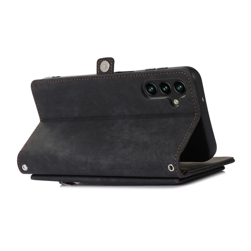 For Samsung Galaxy A15 5G Case Zipper Pocket 9 Card Slots PU Leather Phone Cover with Wrist Strap - Black