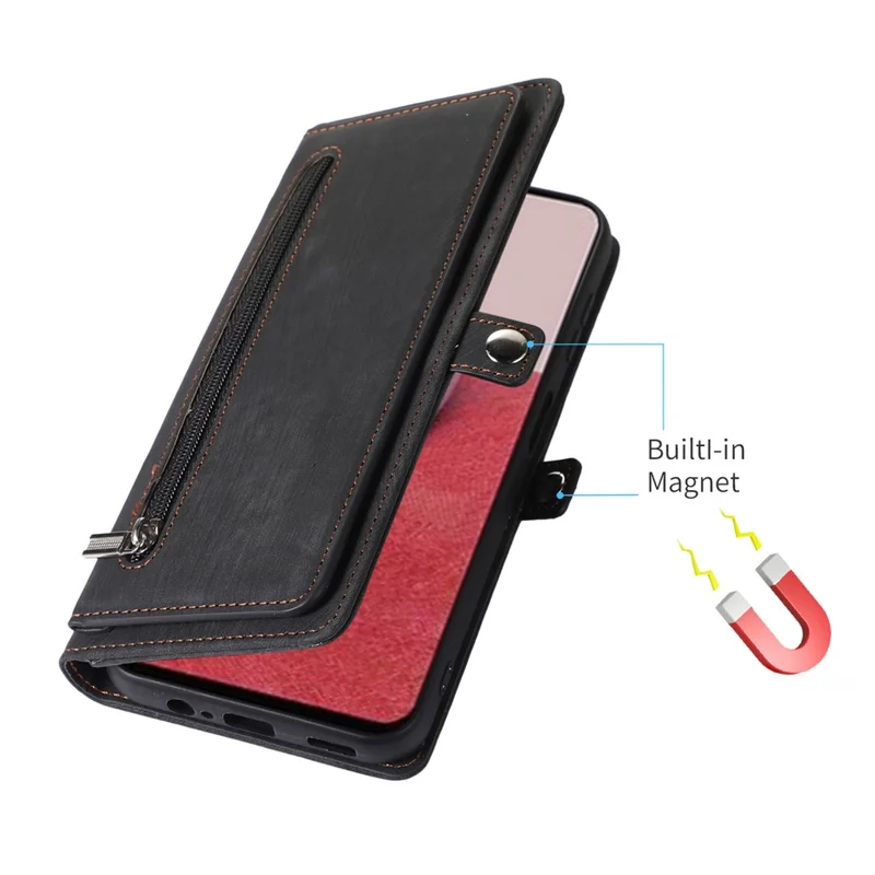 For Samsung Galaxy A15 5G Case Zipper Pocket 9 Card Slots PU Leather Phone Cover with Wrist Strap - Black