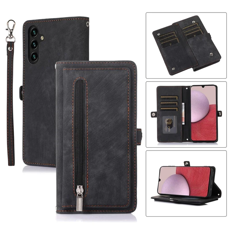For Samsung Galaxy A15 5G Case Zipper Pocket 9 Card Slots PU Leather Phone Cover with Wrist Strap - Black