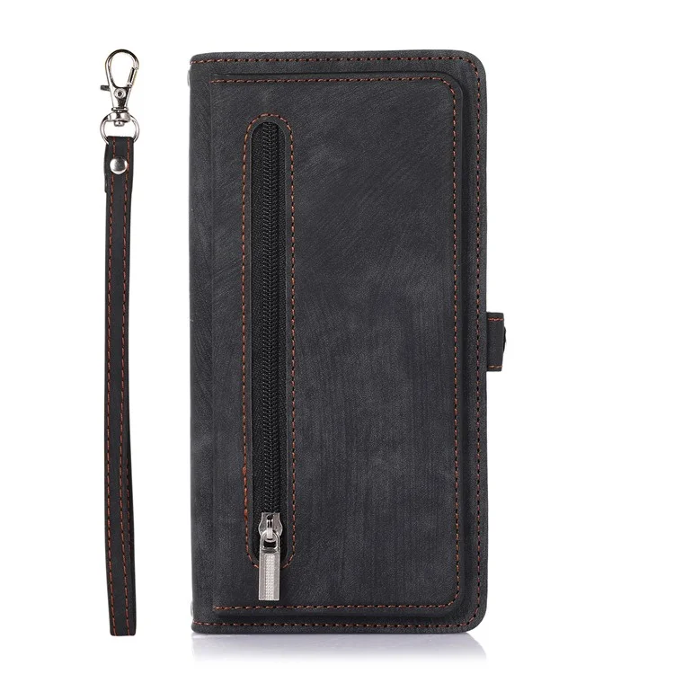 Para Samsung Galaxy A25 5G (Global) (161.0 x 76.5 x 8.3mm) Funda de Cuero PU+TPU 9 Ranuras para Tarjetas Tapa Teléfono Inteligente con Correa para la Muñeca - Negro