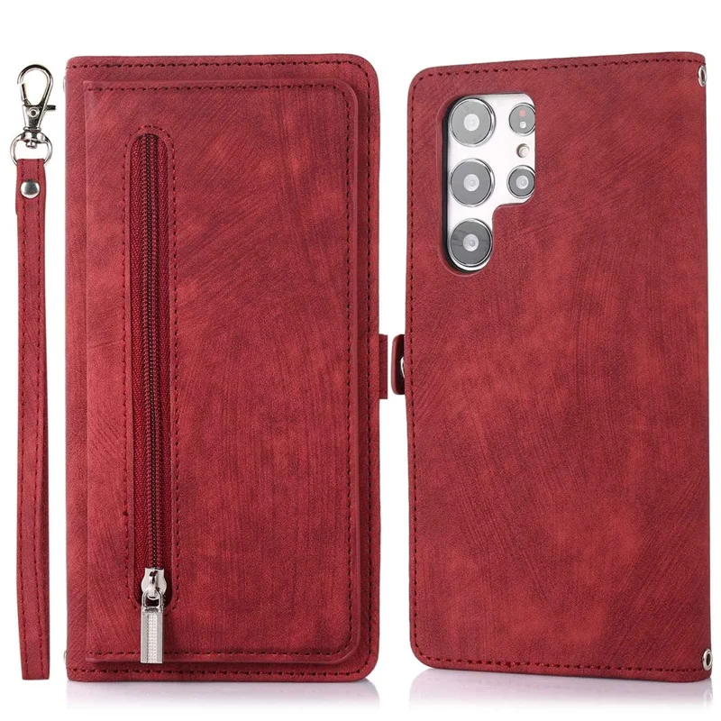 For Samsung Galaxy S24 Ultra Case Zipper Pocket 9 Card Slots PU Leather Phone Cover with Wrist Strap - Red