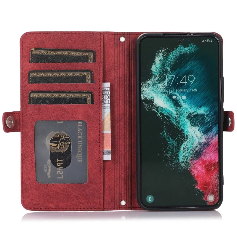 For Samsung Galaxy S24 Ultra Case Zipper Pocket 9 Card Slots PU Leather Phone Cover with Wrist Strap - Red