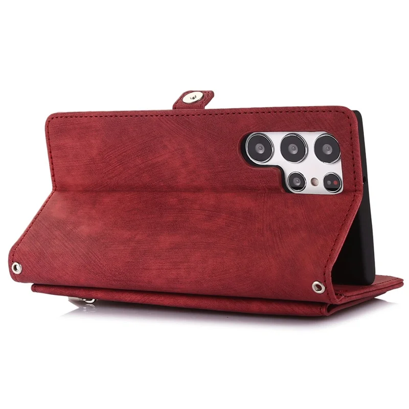 For Samsung Galaxy S24 Ultra Case Zipper Pocket 9 Card Slots PU Leather Phone Cover with Wrist Strap - Red