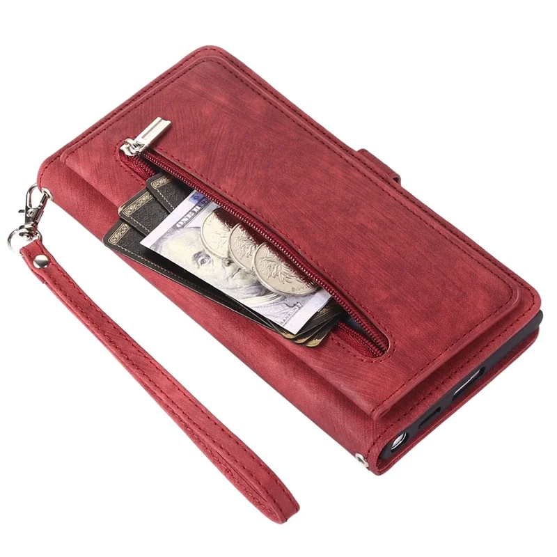 For Samsung Galaxy S24 Ultra Case Zipper Pocket 9 Card Slots PU Leather Phone Cover with Wrist Strap - Red