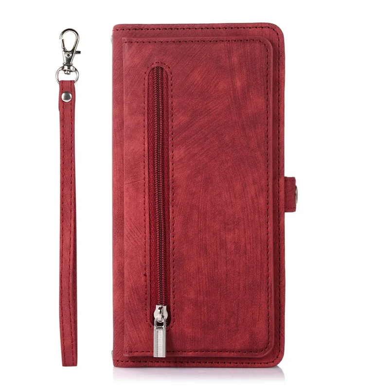 For Samsung Galaxy S24 Ultra Case Zipper Pocket 9 Card Slots PU Leather Phone Cover with Wrist Strap - Red