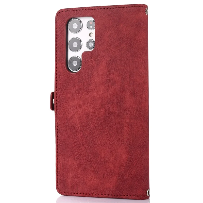 For Samsung Galaxy S24 Ultra Case Zipper Pocket 9 Card Slots PU Leather Phone Cover with Wrist Strap - Red