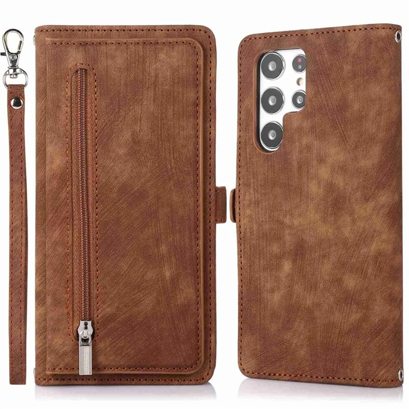 For Samsung Galaxy S24 Ultra Case Zipper Pocket 9 Card Slots PU Leather Phone Cover with Wrist Strap - Brown