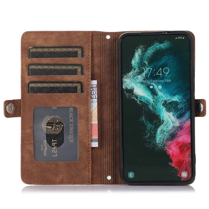 For Samsung Galaxy S24 Ultra Case Zipper Pocket 9 Card Slots PU Leather Phone Cover with Wrist Strap - Brown