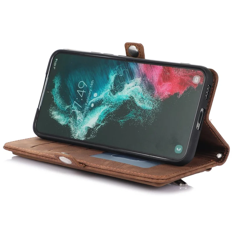 For Samsung Galaxy S24 Ultra Case Zipper Pocket 9 Card Slots PU Leather Phone Cover with Wrist Strap - Brown