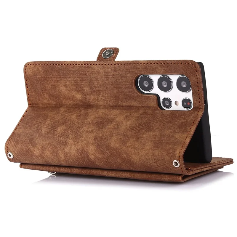 For Samsung Galaxy S24 Ultra Case Zipper Pocket 9 Card Slots PU Leather Phone Cover with Wrist Strap - Brown