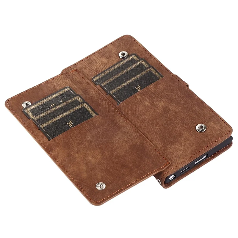 For Samsung Galaxy S24 Ultra Case Zipper Pocket 9 Card Slots PU Leather Phone Cover with Wrist Strap - Brown