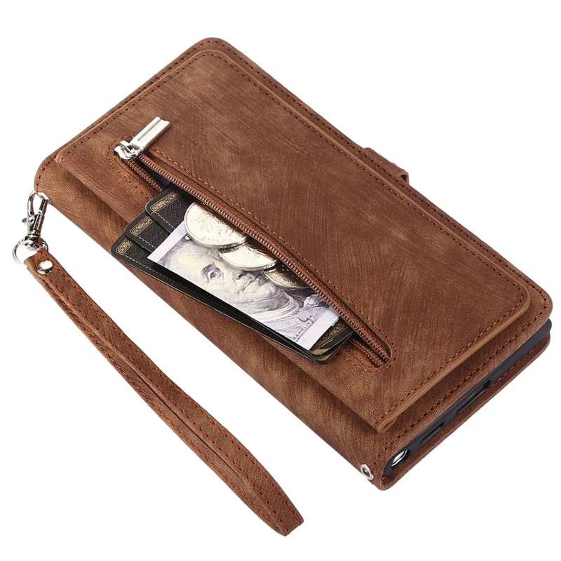 For Samsung Galaxy S24 Ultra Case Zipper Pocket 9 Card Slots PU Leather Phone Cover with Wrist Strap - Brown