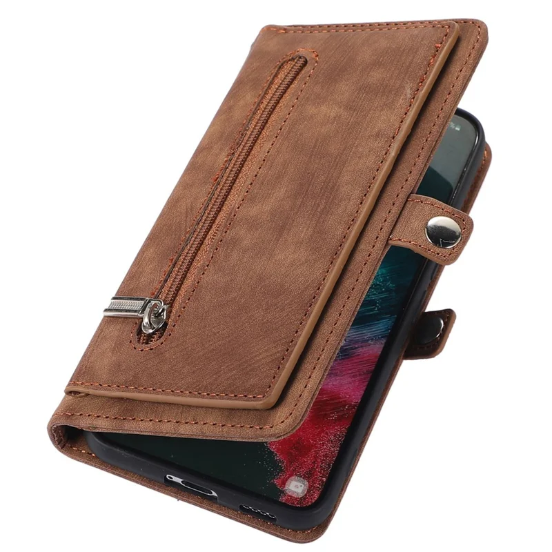 For Samsung Galaxy S24 Ultra Case Zipper Pocket 9 Card Slots PU Leather Phone Cover with Wrist Strap - Brown