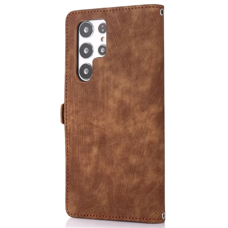 For Samsung Galaxy S24 Ultra Case Zipper Pocket 9 Card Slots PU Leather Phone Cover with Wrist Strap - Brown