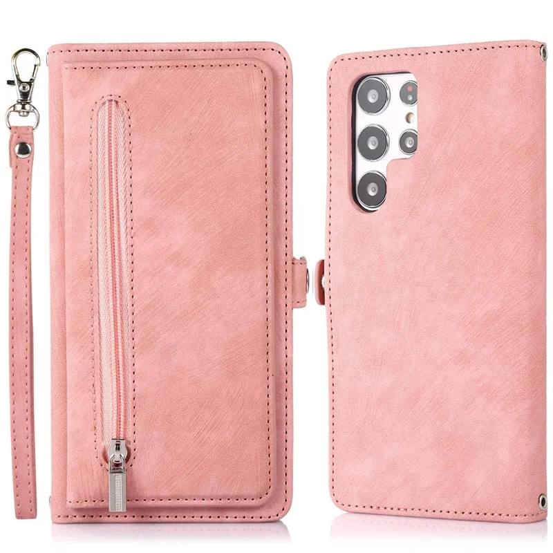 For Samsung Galaxy S24 Ultra Case Zipper Pocket 9 Card Slots PU Leather Phone Cover with Wrist Strap - Rose Gold