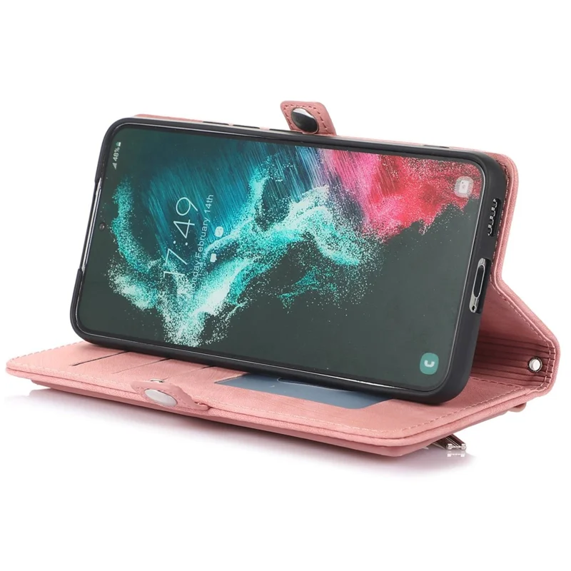 For Samsung Galaxy S24 Ultra Case Zipper Pocket 9 Card Slots PU Leather Phone Cover with Wrist Strap - Rose Gold