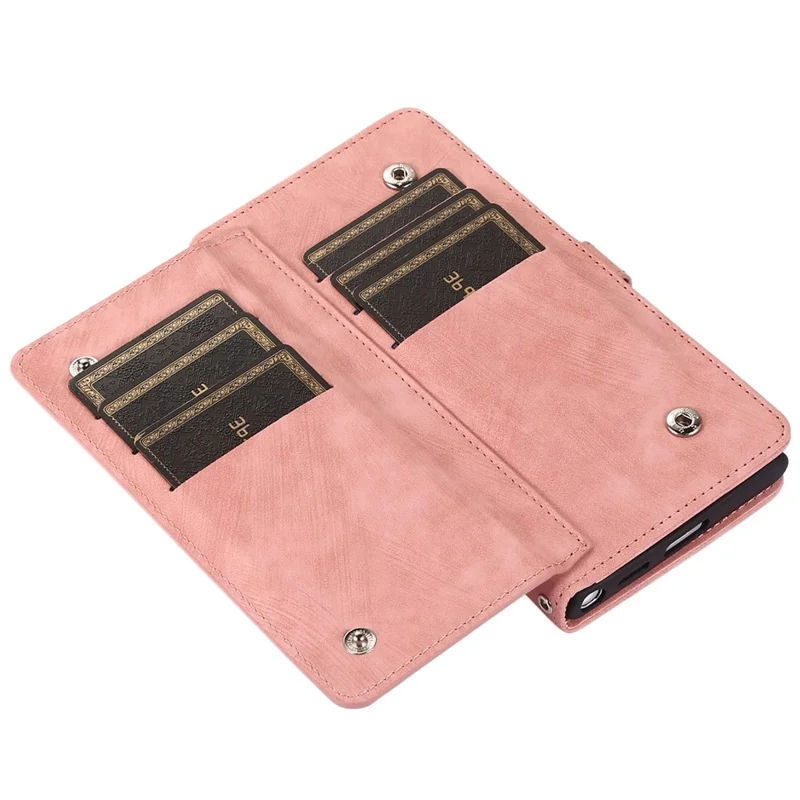 For Samsung Galaxy S24 Ultra Case Zipper Pocket 9 Card Slots PU Leather Phone Cover with Wrist Strap - Rose Gold