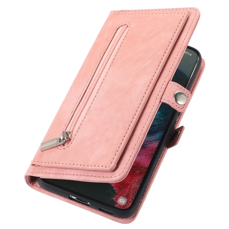 For Samsung Galaxy S24 Ultra Case Zipper Pocket 9 Card Slots PU Leather Phone Cover with Wrist Strap - Rose Gold