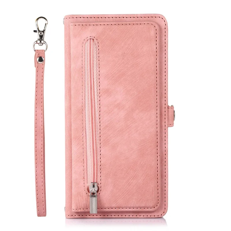 For Samsung Galaxy S24 Ultra Case Zipper Pocket 9 Card Slots PU Leather Phone Cover with Wrist Strap - Rose Gold