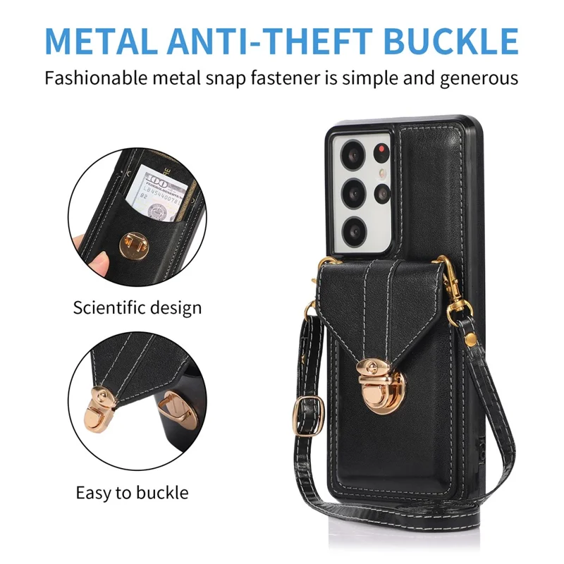 Voor Samsung Galaxy S24 Ultra Hoesje met Kaarthouder en Steun in Leer+TPU - Zwart