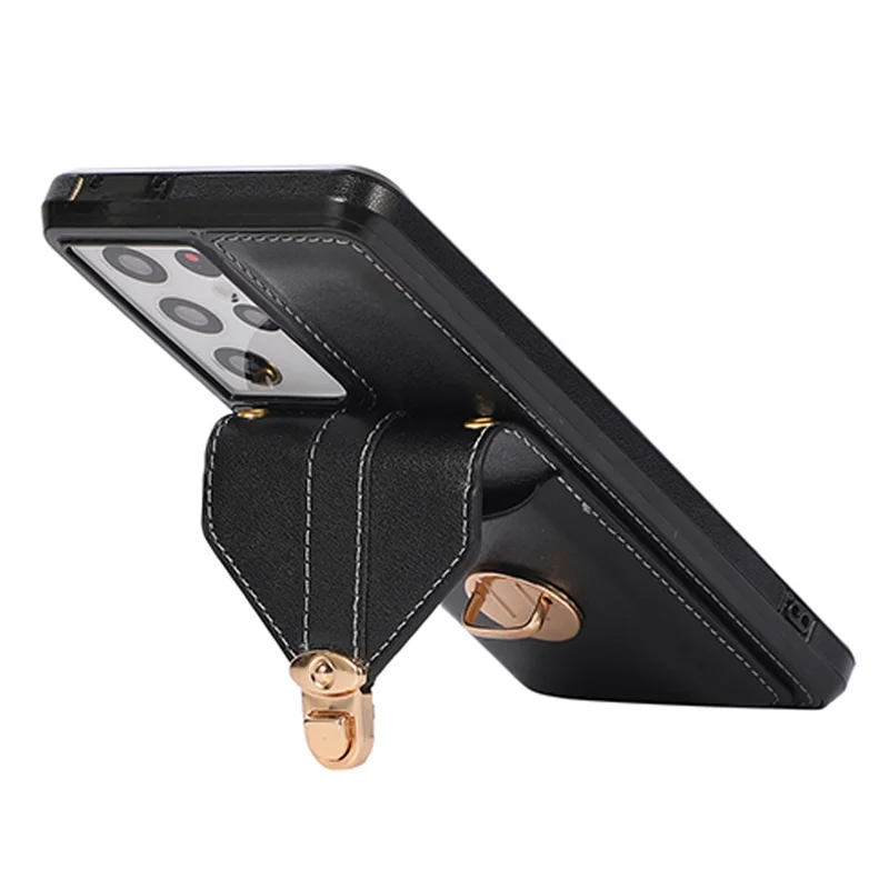 Voor Samsung Galaxy S24 Ultra Hoesje met Kaarthouder en Steun in Leer+TPU - Zwart