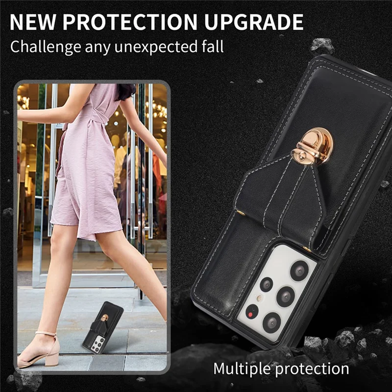 Voor Samsung Galaxy S24 Ultra Hoesje met Kaarthouder en Steun in Leer+TPU - Zwart