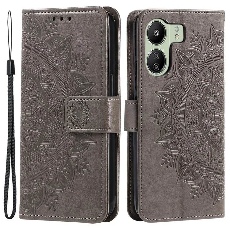 Für Xiaomi Redmi 13C 4G / 13C 5G / 13R 5G / Poco M6 5G / Poco C65 4G Hülle Mandala Blumen Prägung Cover mit Gurt - Grau
