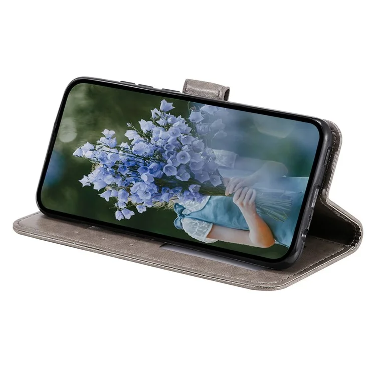 Für Xiaomi Redmi 13C 4G / 13C 5G / 13R 5G / Poco M6 5G / Poco C65 4G Hülle Mandala Blumen Prägung Cover mit Gurt - Grau