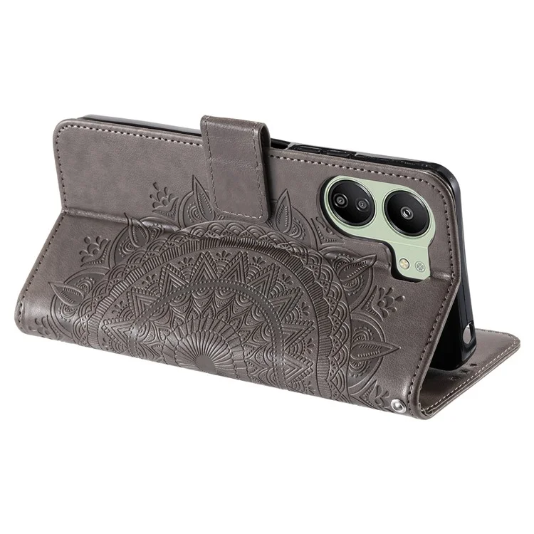 Für Xiaomi Redmi 13C 4G / 13C 5G / 13R 5G / Poco M6 5G / Poco C65 4G Hülle Mandala Blumen Prägung Cover mit Gurt - Grau
