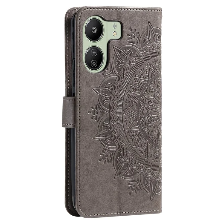 Für Xiaomi Redmi 13C 4G / 13C 5G / 13R 5G / Poco M6 5G / Poco C65 4G Hülle Mandala Blumen Prägung Cover mit Gurt - Grau