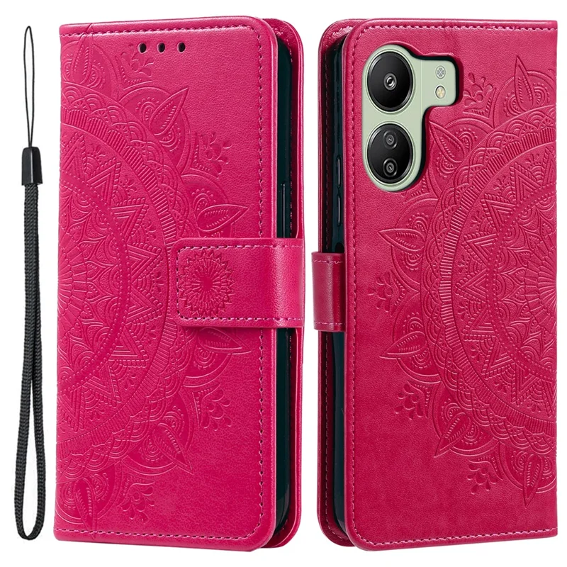 Coque pour Xiaomi Redmi 13C 4G / 13C 5G / 13R 5G / Poco M6 5G / Poco C65 4G avec motif imprimé de fleur mandala et sangle - Rose