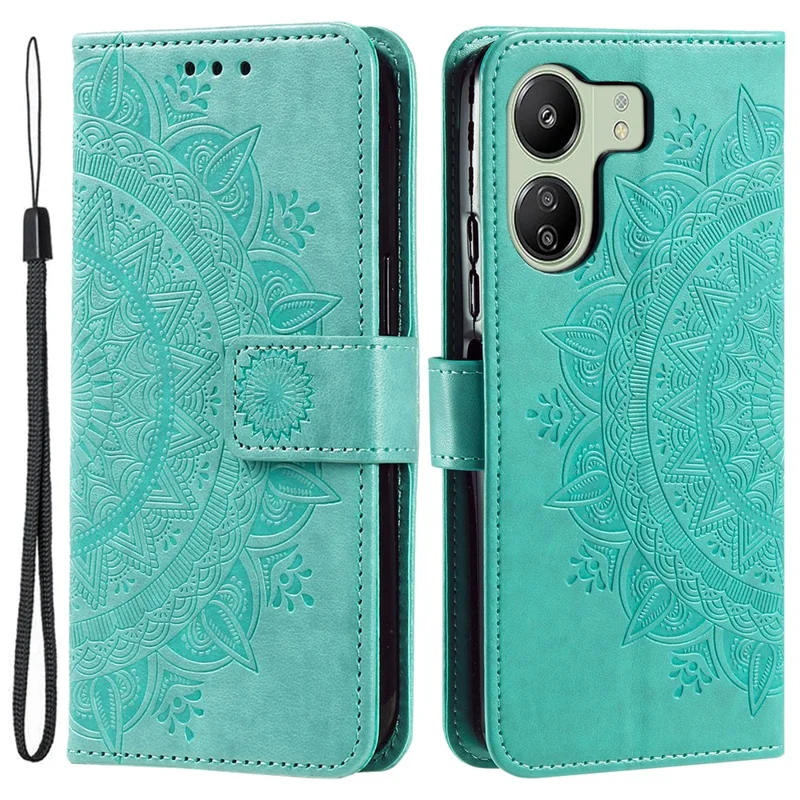 For Xiaomi Redmi 13C 4G / 13C 5G / 13R 5G / Poco M6 5G / Poco C65 4G Case Mandala Flower Imprint Cover with Strap - Green