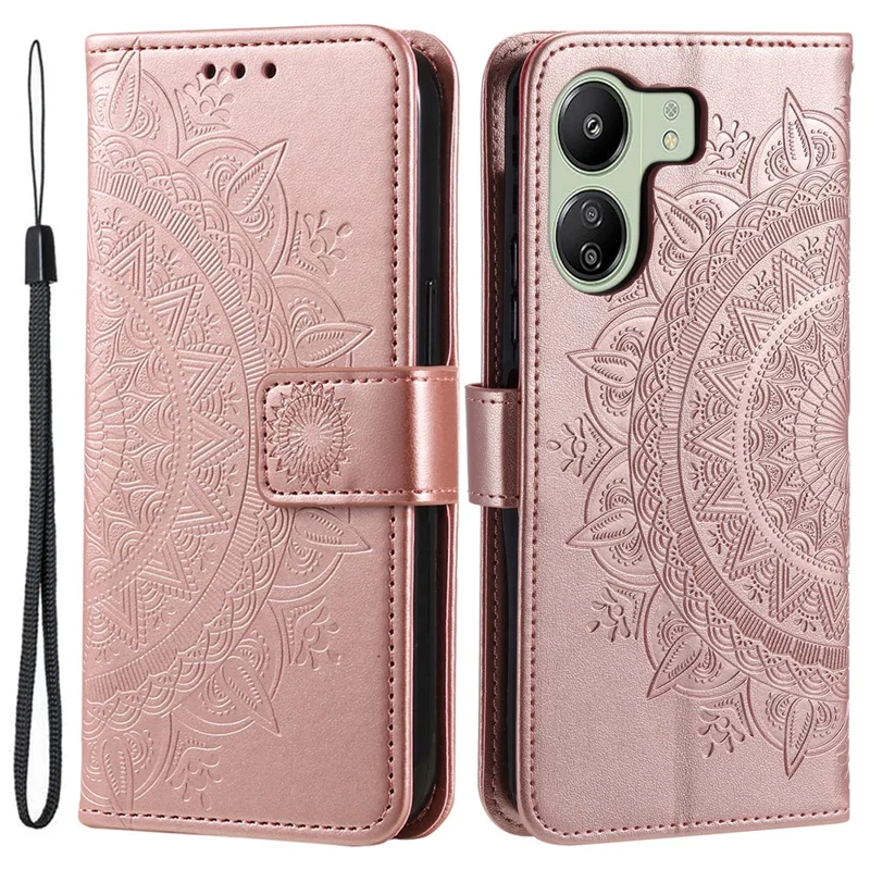 For Xiaomi Redmi 13C 4G / 13C 5G / 13R 5G / Poco M6 5G / Poco C65 4G Case Mandala Flower Imprint Cover with Strap - Rose Gold