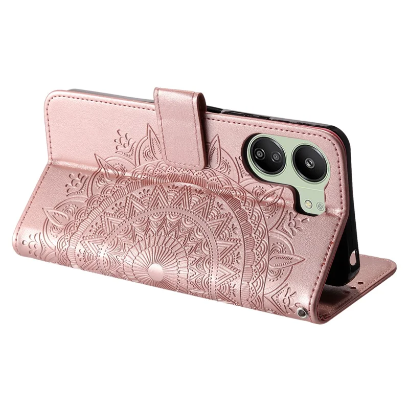 For Xiaomi Redmi 13C 4G / 13C 5G / 13R 5G / Poco M6 5G / Poco C65 4G Case Mandala Flower Imprint Cover with Strap - Rose Gold
