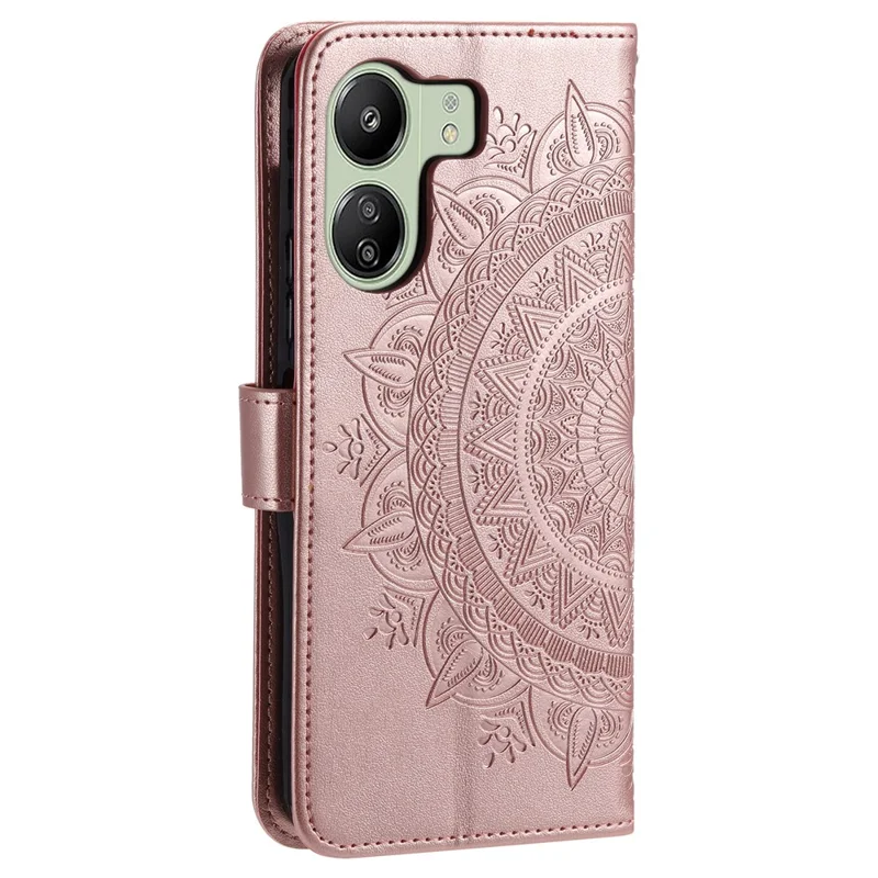 For Xiaomi Redmi 13C 4G / 13C 5G / 13R 5G / Poco M6 5G / Poco C65 4G Case Mandala Flower Imprint Cover with Strap - Rose Gold