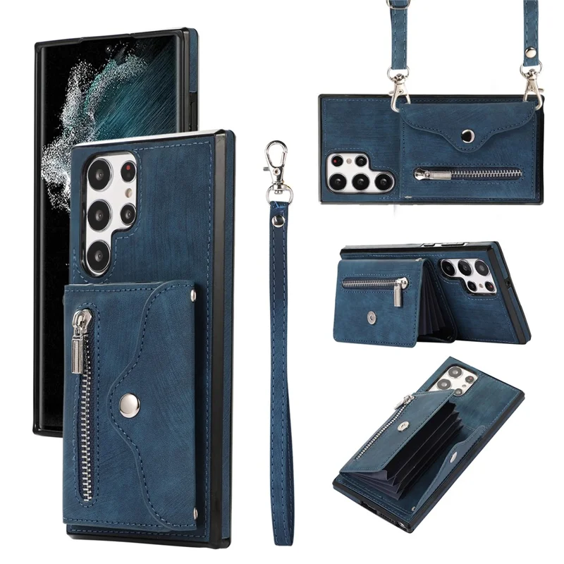 For Samsung Galaxy S24 Ultra Cell Phone Case PU Leather+TPU Card Bag Cover with 2 Straps - Blue