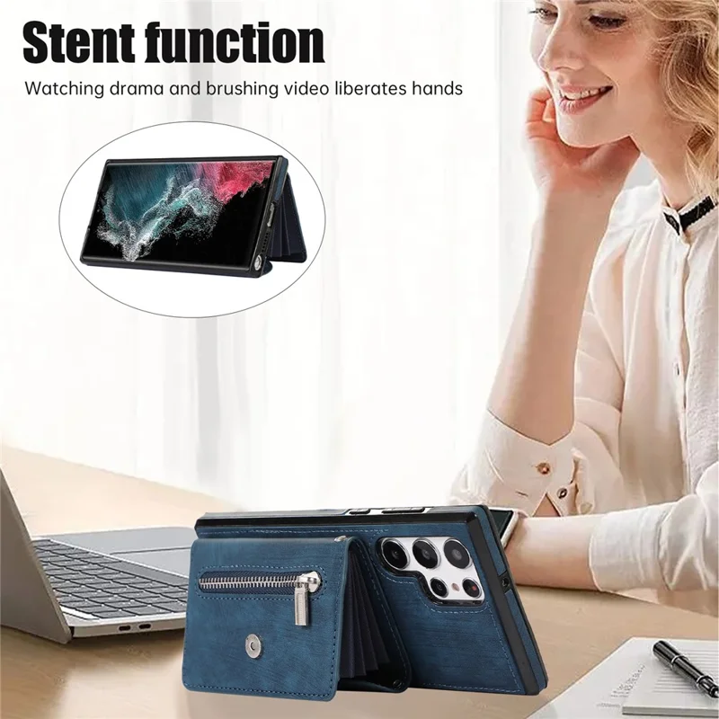 For Samsung Galaxy S24 Ultra Cell Phone Case PU Leather+TPU Card Bag Cover with 2 Straps - Blue
