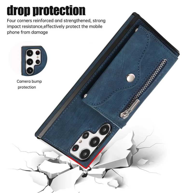 For Samsung Galaxy S24 Ultra Cell Phone Case PU Leather+TPU Card Bag Cover with 2 Straps - Blue