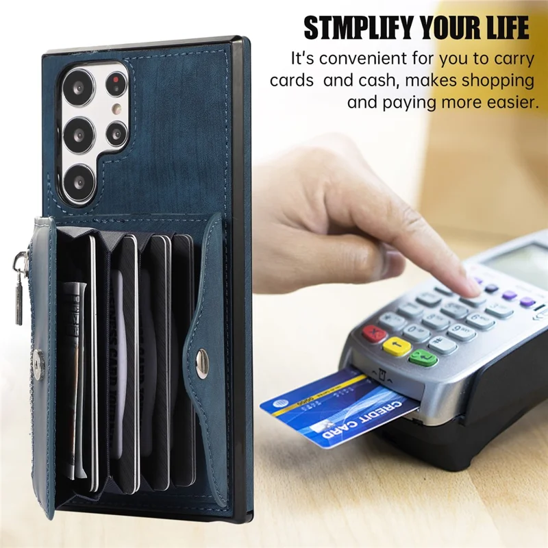 For Samsung Galaxy S24 Ultra Cell Phone Case PU Leather+TPU Card Bag Cover with 2 Straps - Blue