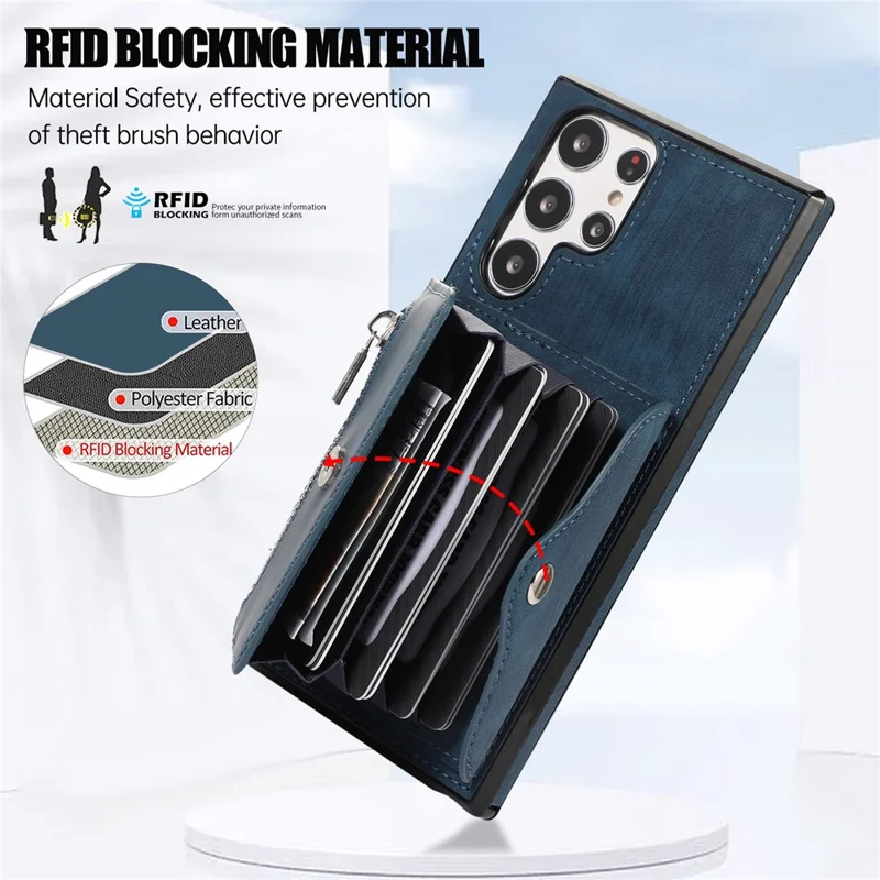 For Samsung Galaxy S24 Ultra Cell Phone Case PU Leather+TPU Card Bag Cover with 2 Straps - Blue