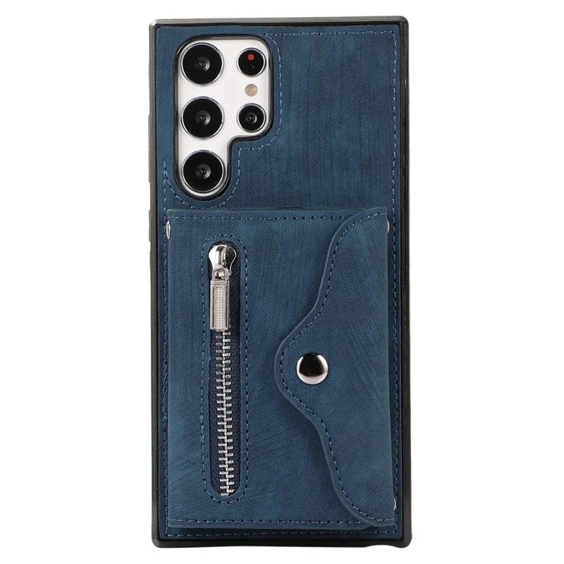 For Samsung Galaxy S24 Ultra Cell Phone Case PU Leather+TPU Card Bag Cover with 2 Straps - Blue